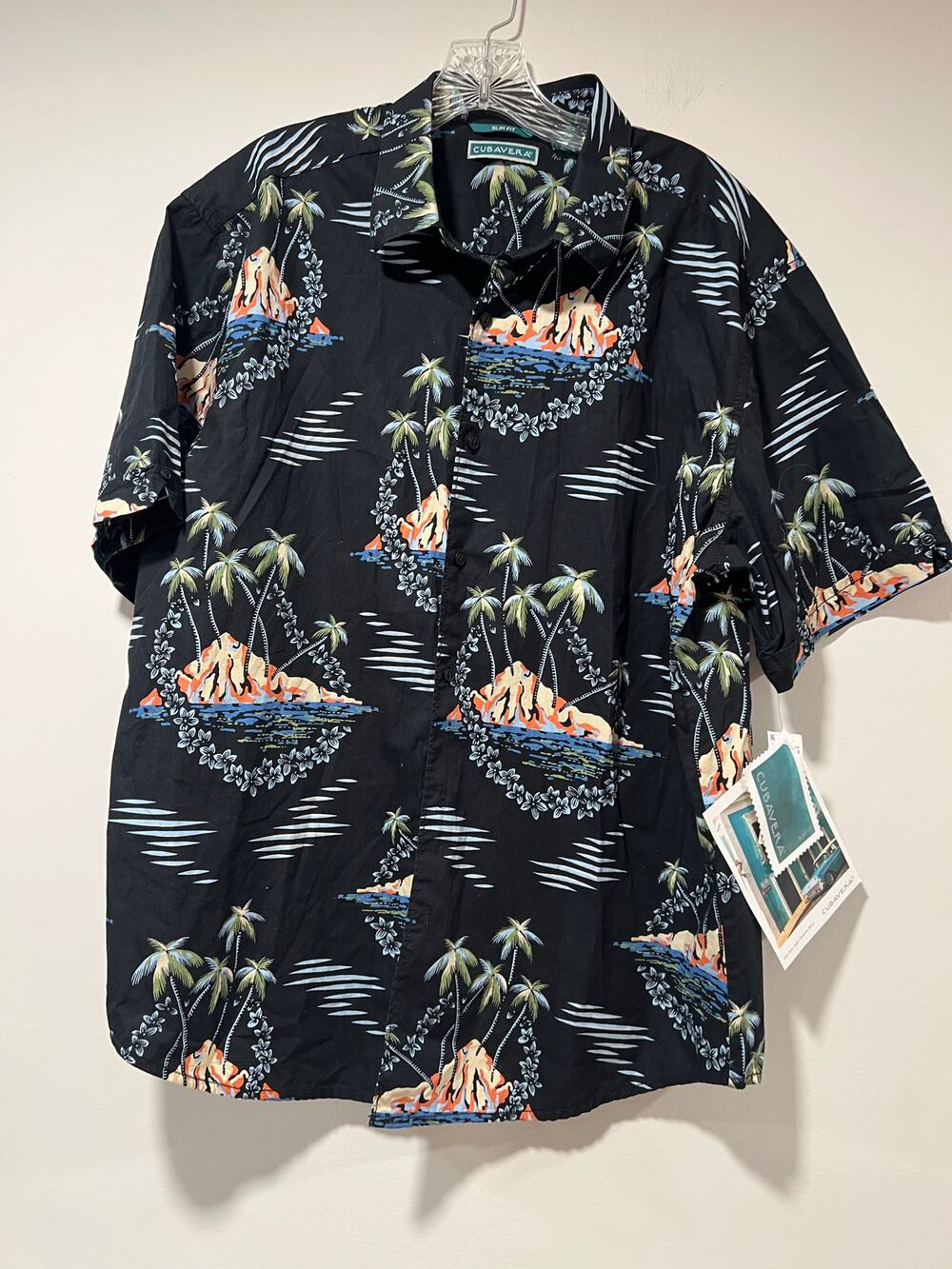 NWT Cubavera Short Sleeve Button Down Slim Fit Black Island Palm Tree Size XL JL